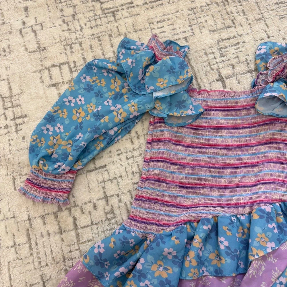 H1 Yvonne & Love Floral Smocked Tiered Ruffle Mini Dress Blue Purple Puff Sleeve
